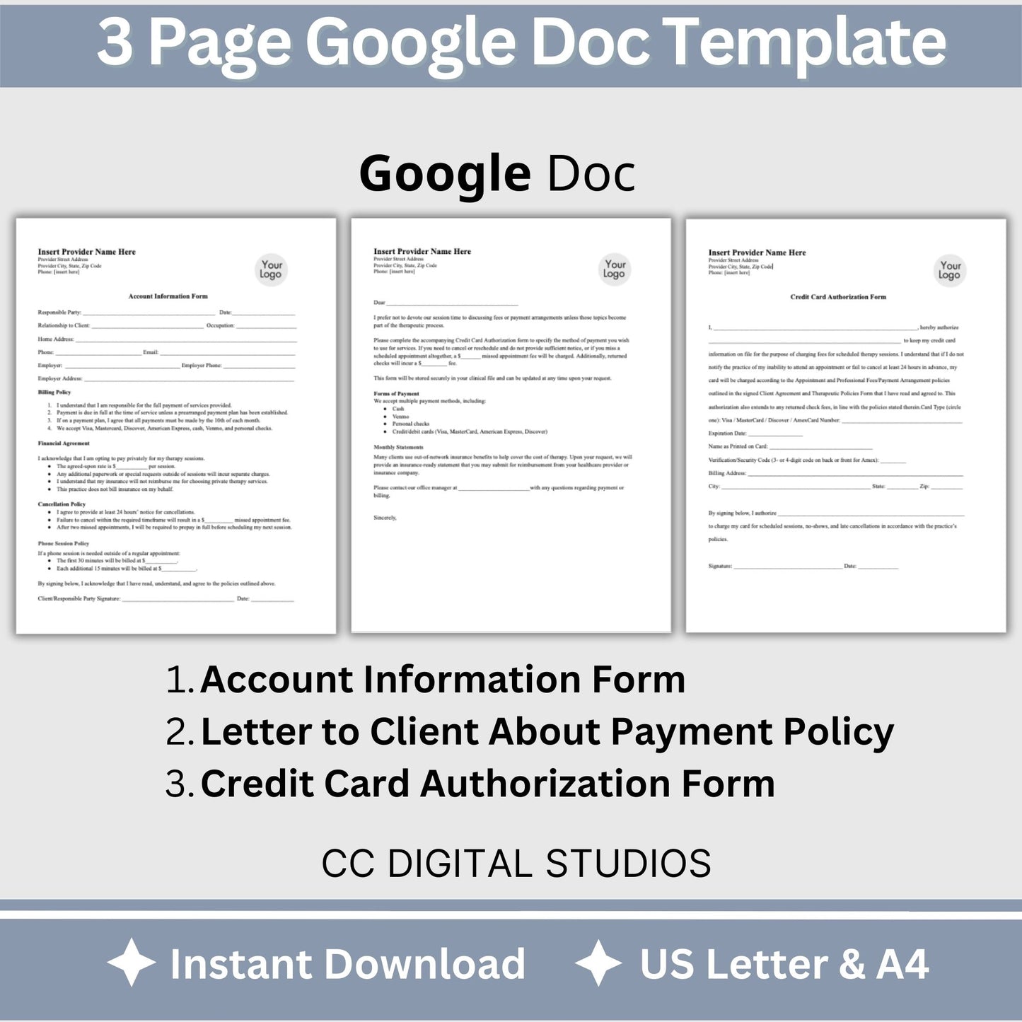 Billing Payment Form for Counseling Office, Credit Card Authorization Google Doc