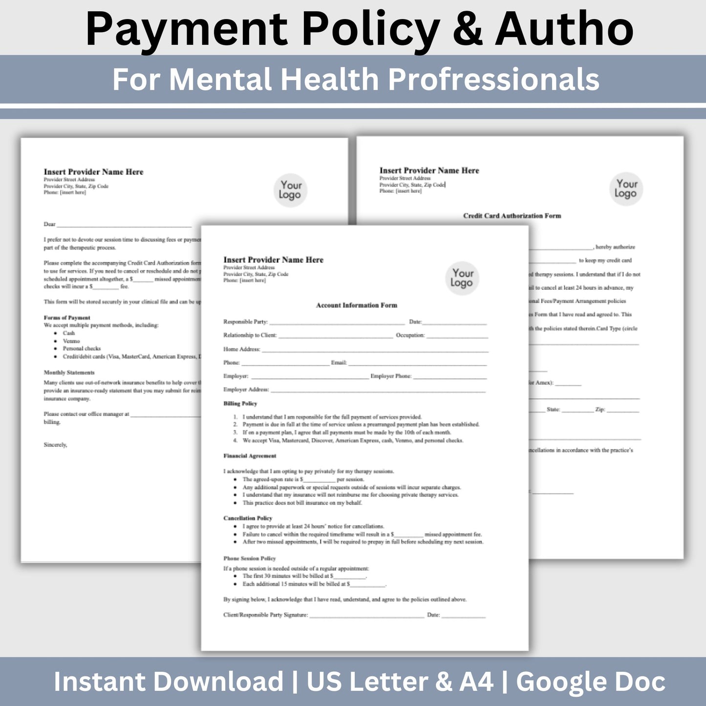 Billing Payment Form for Counseling Office, Credit Card Authorization Google Doc