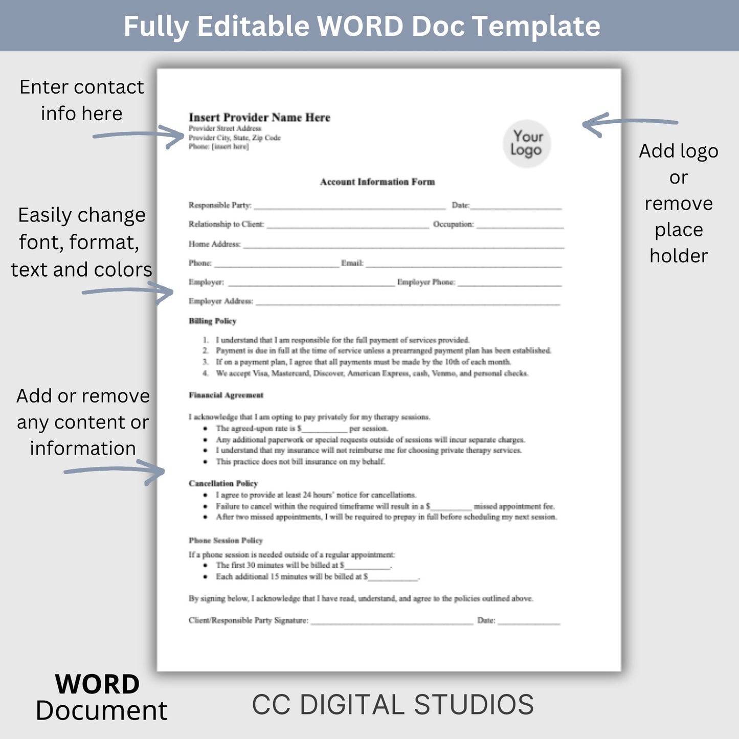 Billing Payment Form for Counseling Office, Credit Card Authorization WORD Doc