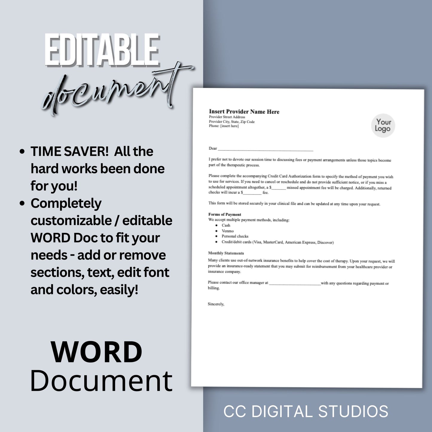 Billing Payment Form for Counseling Office, Credit Card Authorization WORD Doc