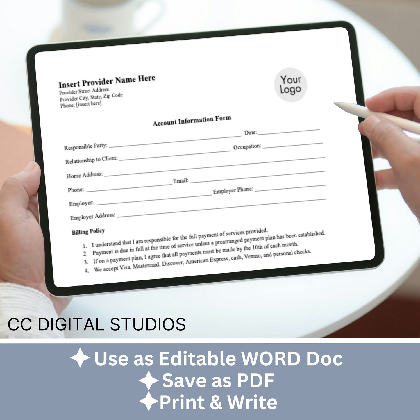 Billing Payment Form for Counseling Office, Credit Card Authorization WORD Doc