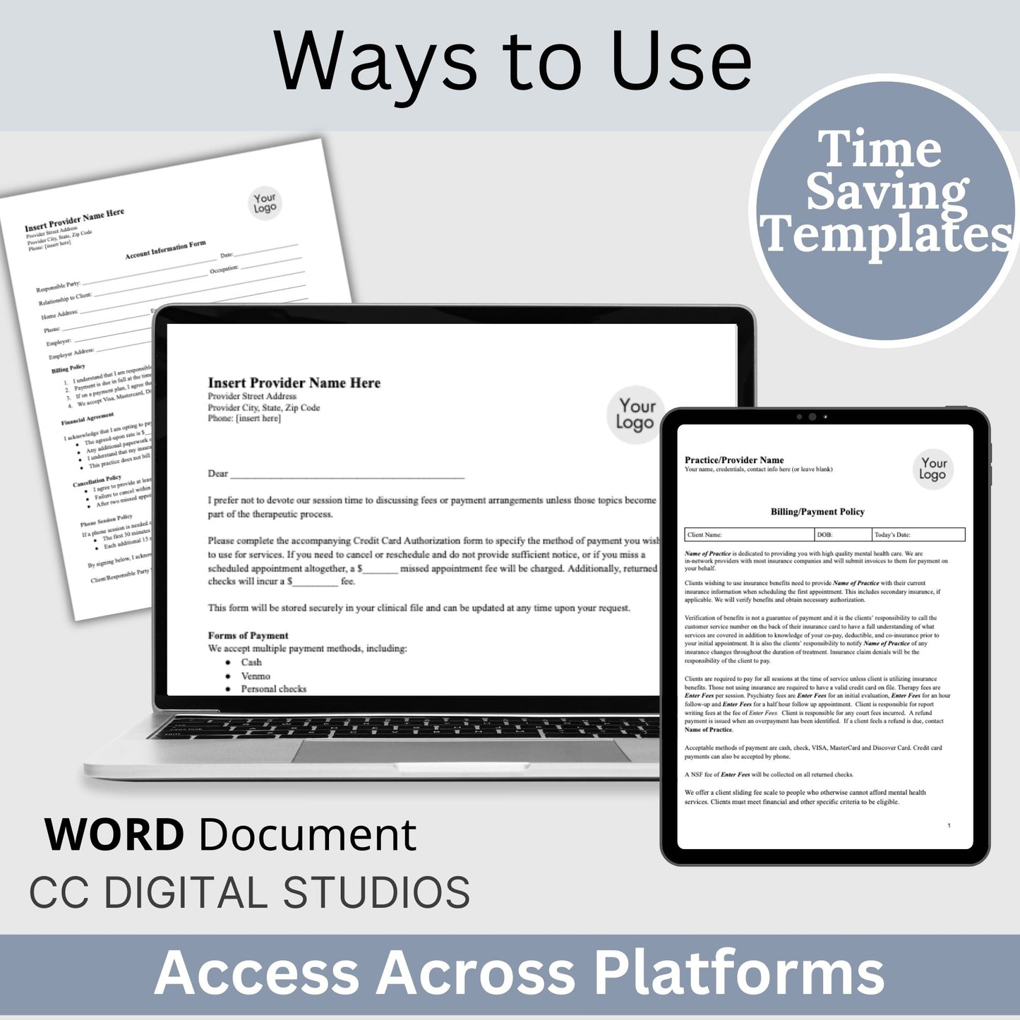 Billing Payment Form for Counseling Office, Credit Card Authorization WORD Doc