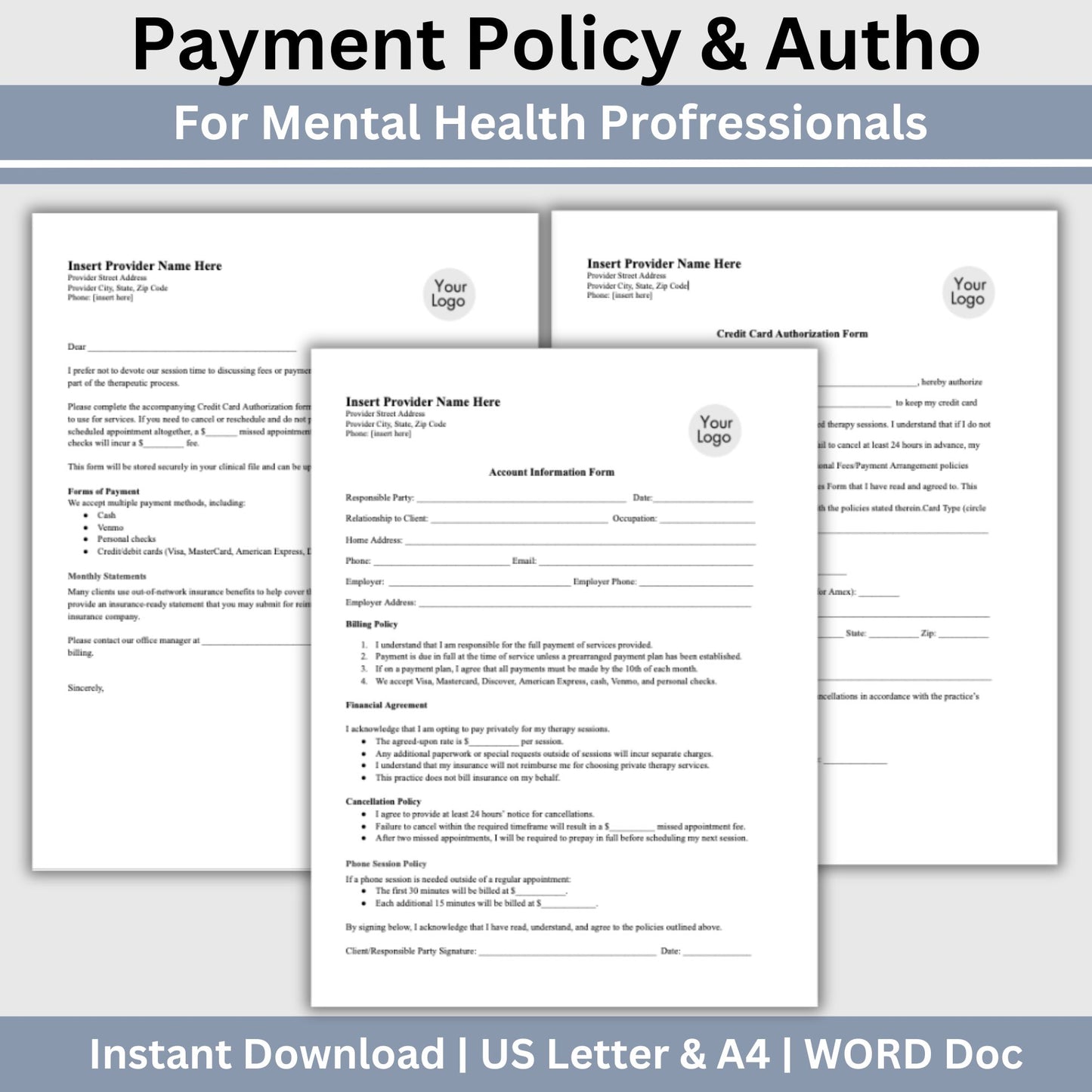 Billing Payment Form for Counseling Office, Credit Card Authorization WORD Doc