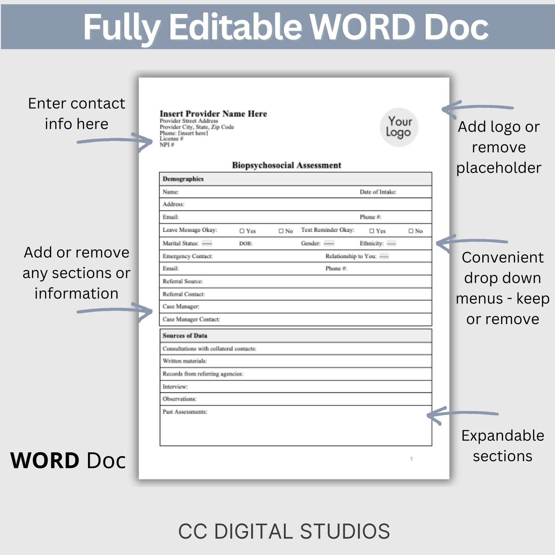 Biopsychosocial, comprehensive and fully editable WORD Doc template. &nbsp;Perfect for therapists, school psychologists, and professionals in the psychology field. Streamline your therapist office workflow with this essential therapy tool. 