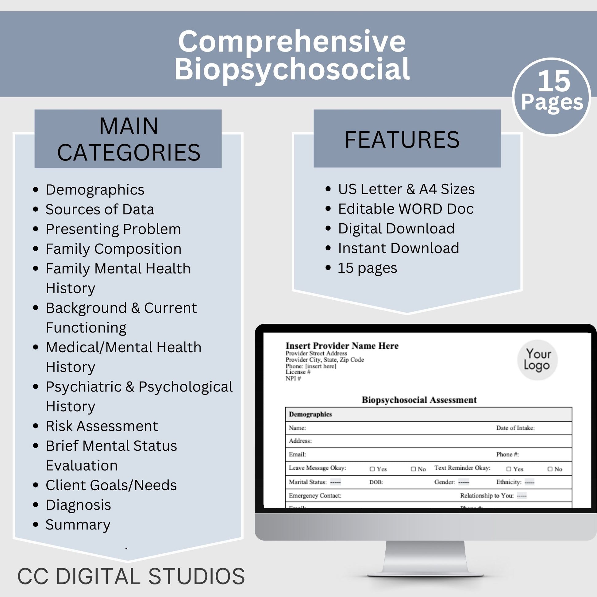 Biopsychosocial, comprehensive and fully editable WORD Doc template. &nbsp;Perfect for therapists, school psychologists, and professionals in the psychology field. Streamline your therapist office workflow with this essential therapy tool. 