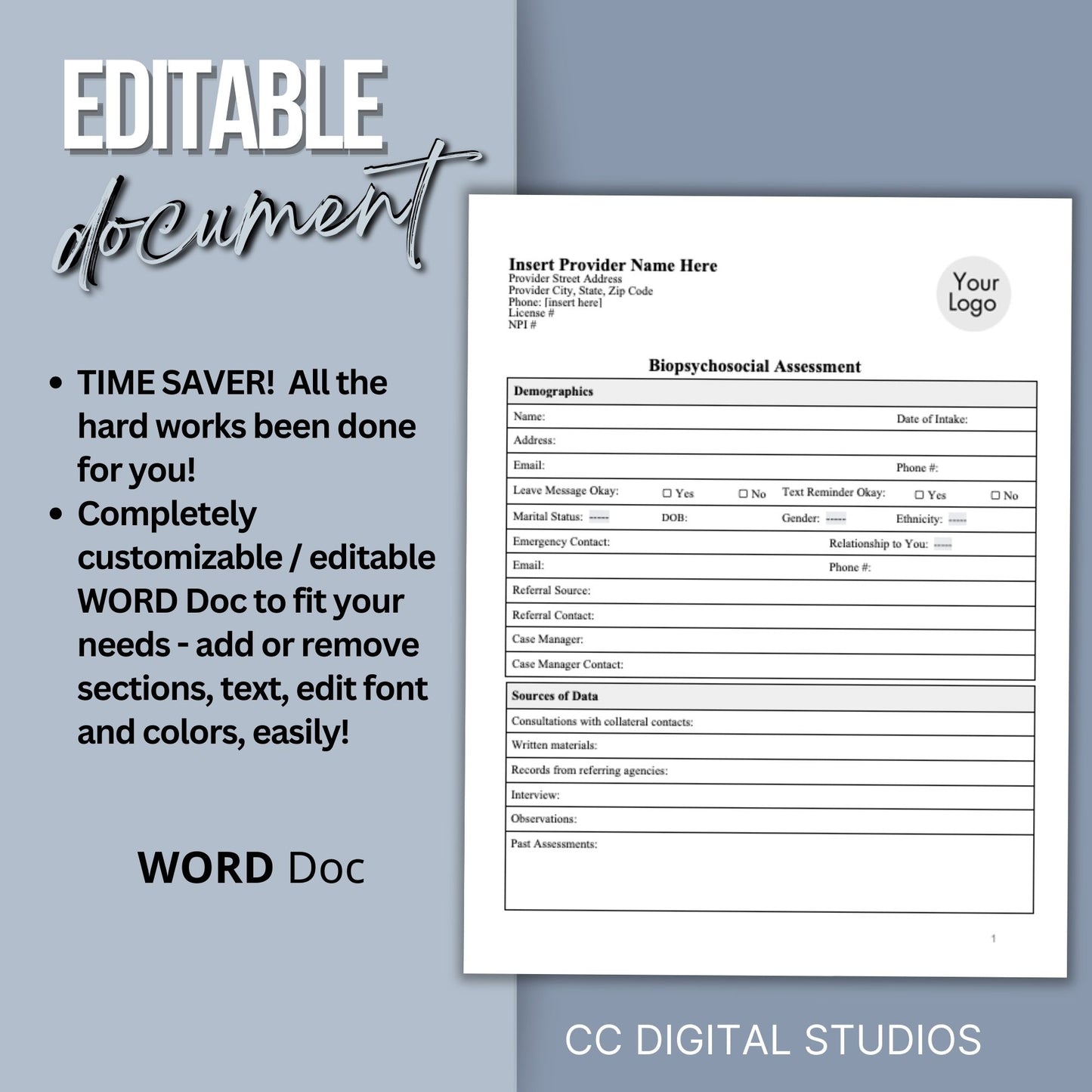 Biopsychosocial, comprehensive and fully editable WORD Doc template. &nbsp;Perfect for therapists, school psychologists, and professionals in the psychology field. Streamline your therapist office workflow with this essential therapy tool. 