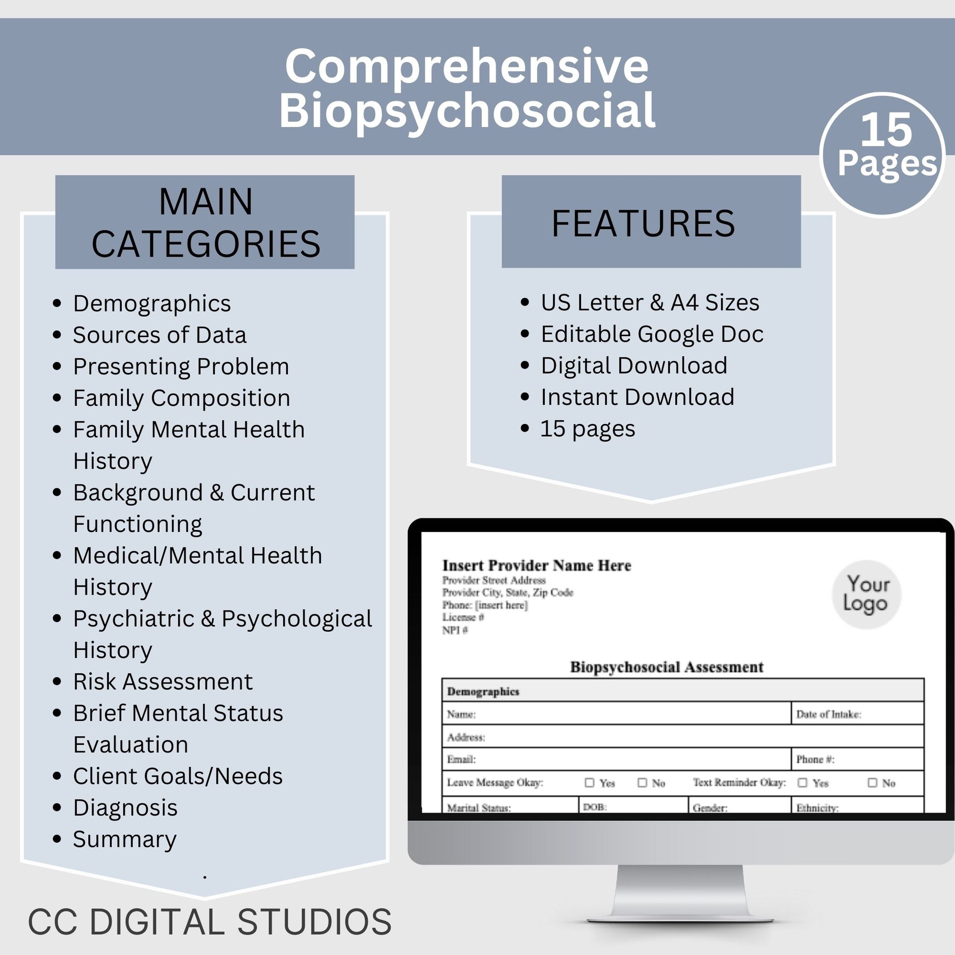 15-page comprehensive biopsychosocial editable Google Doc template! Perfect for therapists, school psychologists, and professionals in psychology fields. Streamlining your therapist office, therapy notes, psychology, therapy tool, therapy resource