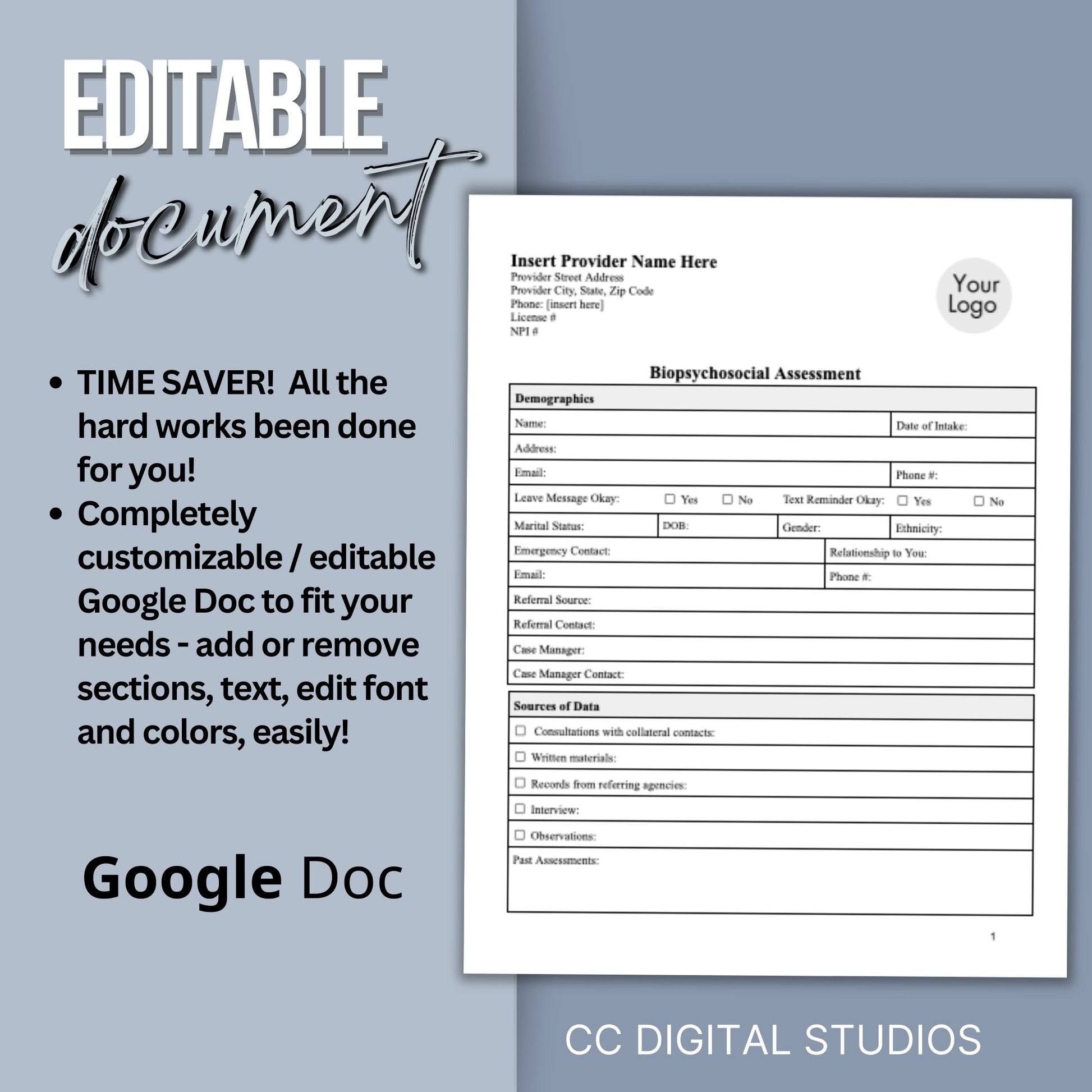 15-page comprehensive biopsychosocial editable Google Doc template! Perfect for therapists, school psychologists, and professionals in psychology fields. Streamlining your therapist office, therapy notes, psychology, therapy tool, therapy resource