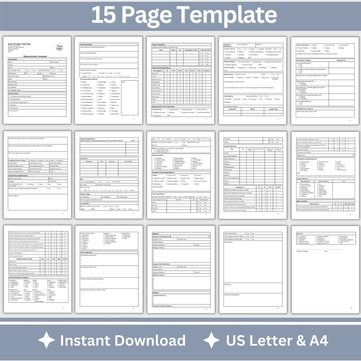 15-page comprehensive biopsychosocial editable Google Doc template! Perfect for therapists, school psychologists, and professionals in psychology fields. Streamlining your therapist office, therapy notes, psychology, therapy tool, therapy resource