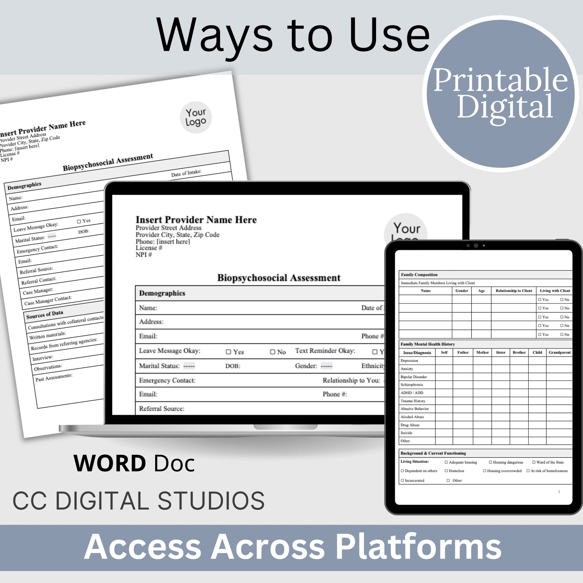 Biopsychosocial, comprehensive and fully editable WORD Doc template. &nbsp;Perfect for therapists, school psychologists, and professionals in the psychology field. Streamline your therapist office workflow with this essential therapy tool. 