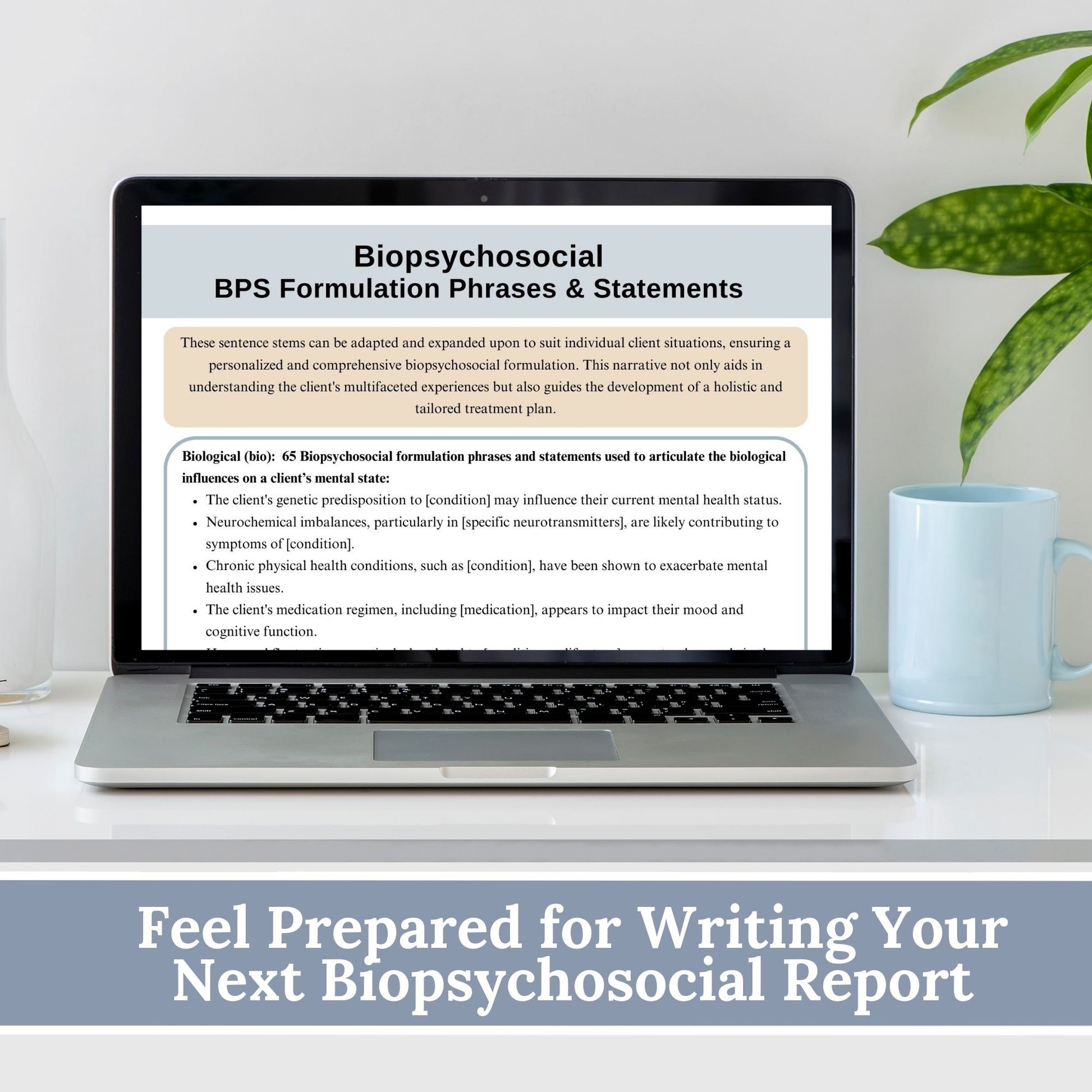 Biopsychosocial Guide, the ultimate therapy tool cheat sheets for professionals. This digital reference sheet, packed with 240 case formulation phrases and statements for psychology, school psychologists, social workers, therapist office