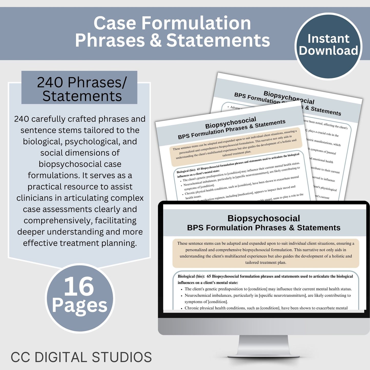 Biopsychosocial Guide, the ultimate therapy tool cheat sheets for professionals. This digital reference sheet, packed with 240 case formulation phrases and statements for psychology, school psychologists, social workers, therapist office