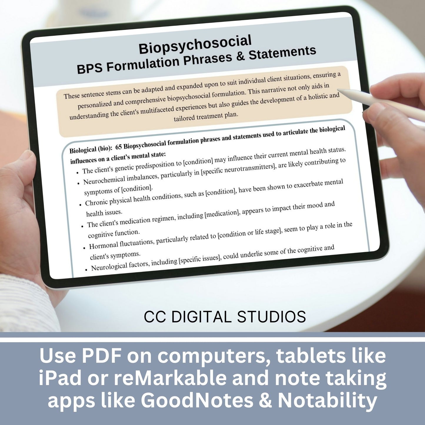 Biopsychosocial Guide, the ultimate therapy tool cheat sheets for professionals. This digital reference sheet, packed with 240 case formulation phrases and statements for psychology, school psychologists, social workers, therapist office