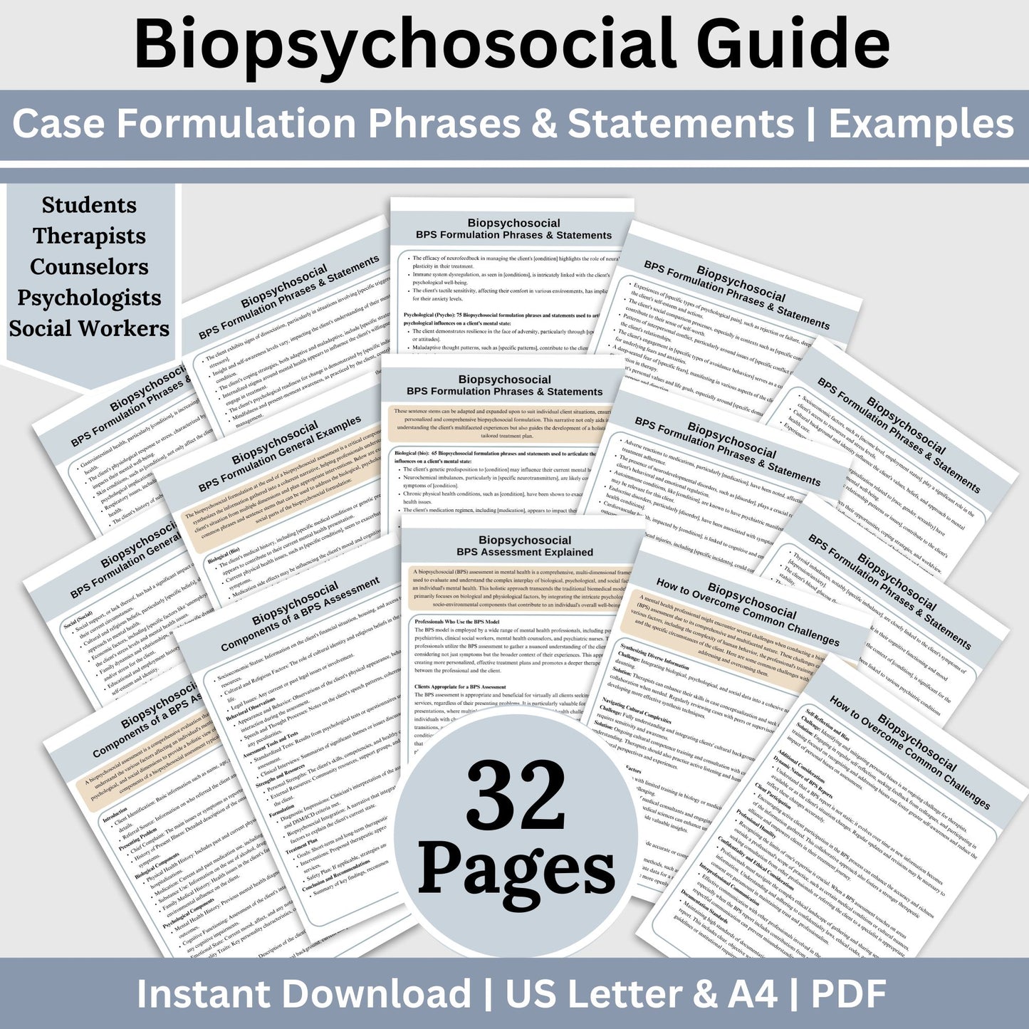 Biopsychosocial Guide, the ultimate therapy tool cheat sheets for professionals. This digital reference sheet, packed with 240 case formulation phrases and statements for psychology, school psychologists, social workers, therapist office