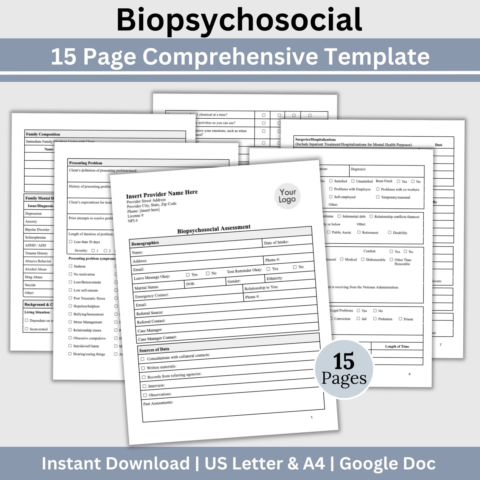 15-page comprehensive biopsychosocial editable Google Doc template! Perfect for therapists, school psychologists, and professionals in psychology fields. Streamlining your therapist office, therapy notes, psychology, therapy tool, therapy resource