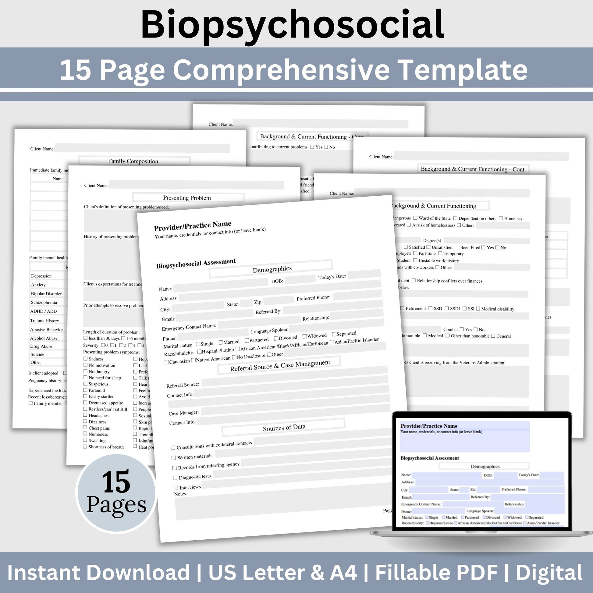 15-page comprehensive biopsychosocial fillable PDF template! Perfect for therapists, school psychologists, and professionals in psychology fields. Streamlining your therapist office, therapy notes, psychology, therapy tool, therapy resource