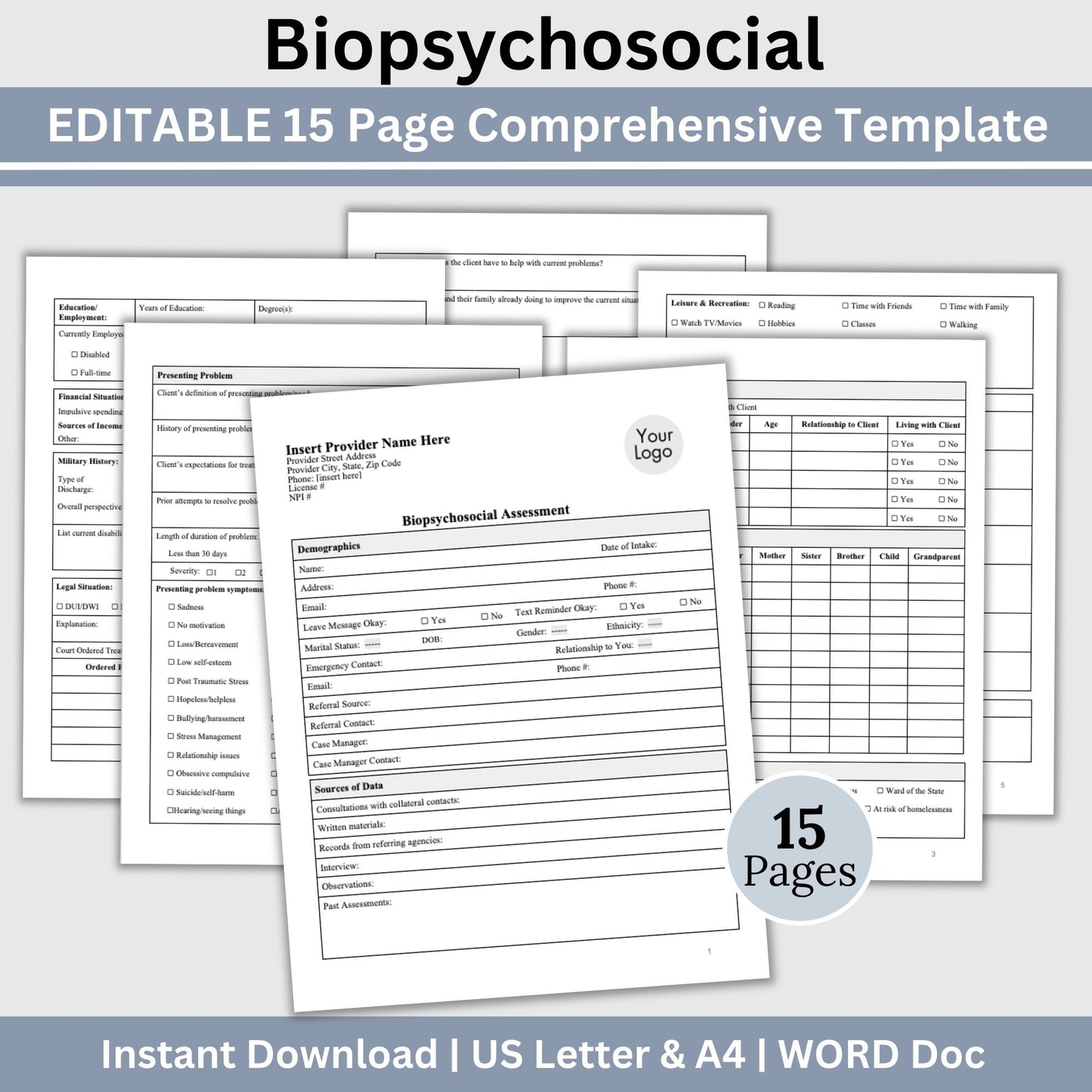 Biopsychosocial, comprehensive and fully editable WORD Doc template. &nbsp;Perfect for therapists, school psychologists, and professionals in the psychology field. Streamline your therapist office workflow with this essential therapy tool. 