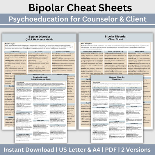 Bipolar Therapy Cheat Sheet:  2 IN 1 Psychoeducation for Client and Cheat Sheet for Counselors