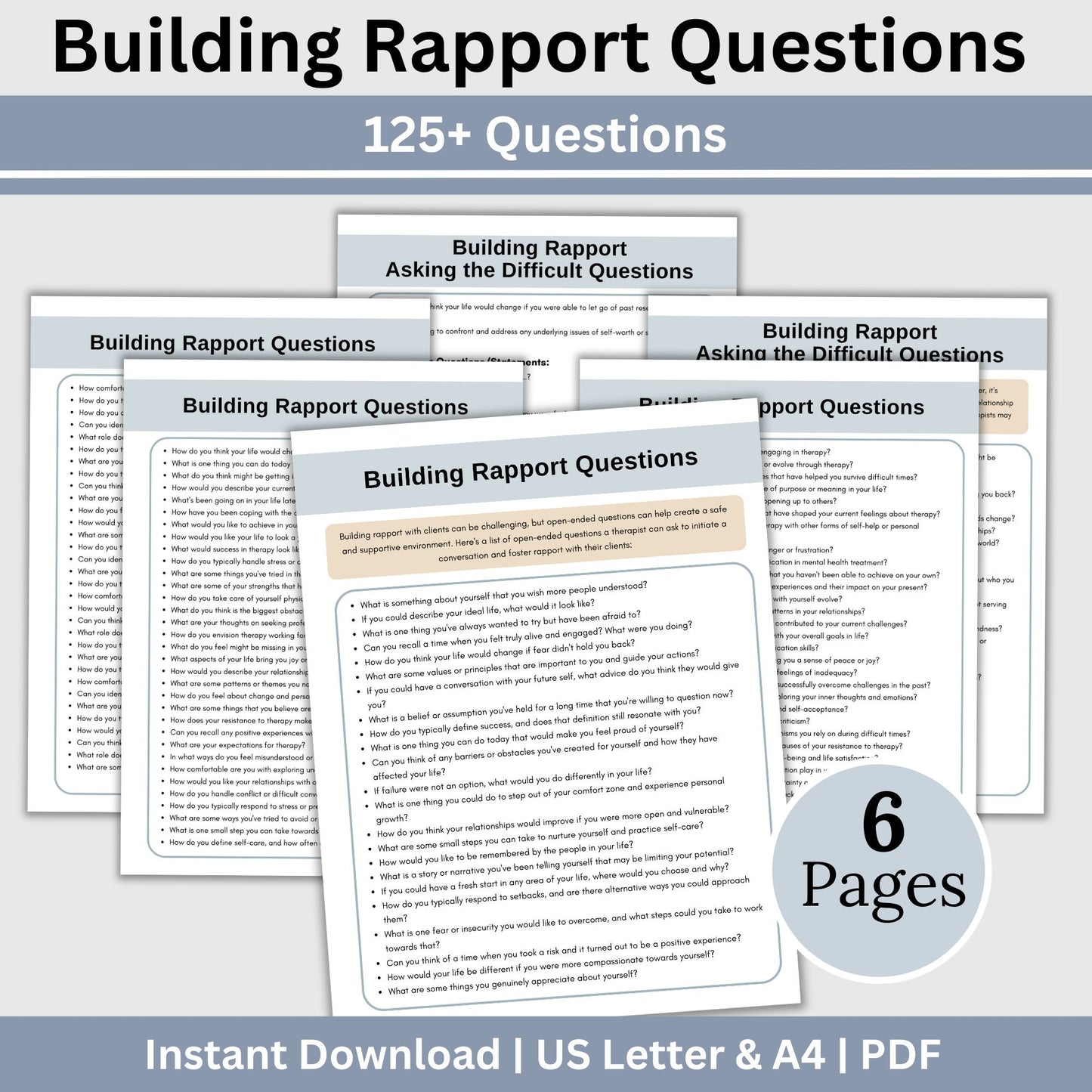 125 thoughtfully curated therapy questions. This therapy cheat sheet is designed to help therapists build rapport effortlessly. A perfect reference sheet for counseling sessions, these conversation starters are powerful therapy tools.