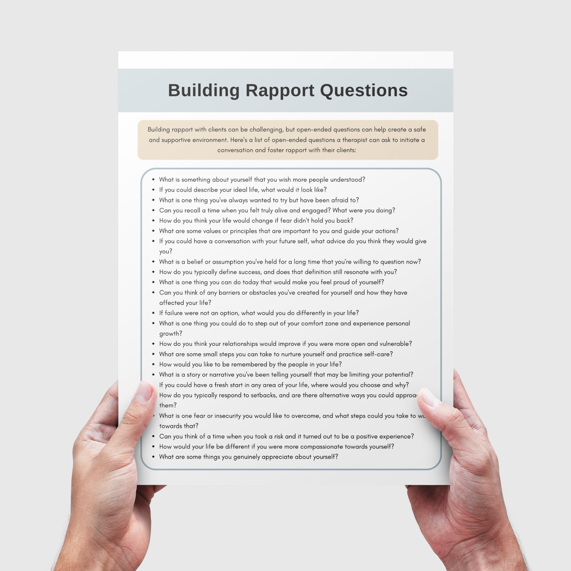 125 thoughtfully curated therapy questions. This therapy cheat sheet is designed to help therapists build rapport effortlessly. A perfect reference sheet for counseling sessions, these conversation starters are powerful therapy tools.