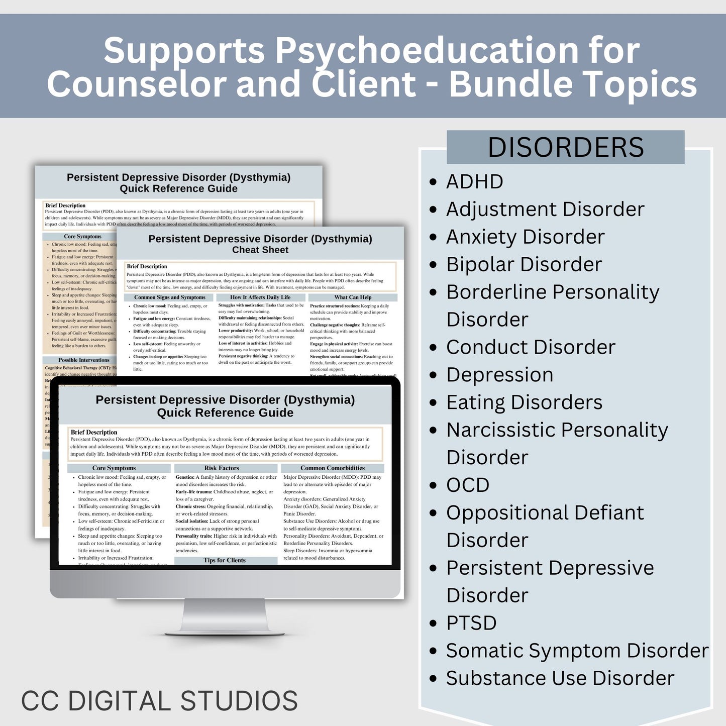 Psychiatric Disorders Therapy Cheat Sheet Bundle, Psychoeducation for Client and Cheat Sheet for Counselors - 15 Disorder Bundle