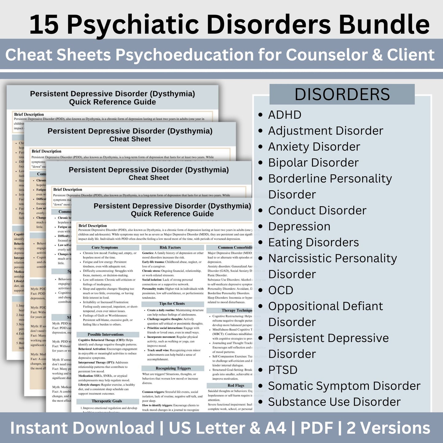 Psychiatric Disorders Therapy Cheat Sheet Bundle, Psychoeducation for Client and Cheat Sheet for Counselors - 15 Disorder Bundle