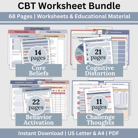 Therapy Bundle CBT worksheets, tailored for individuals, including clinicians, personal users, teachers, and school counselors. This comprehensive compilation provides a plethora of resources to enhance your mental health and overall well-being.