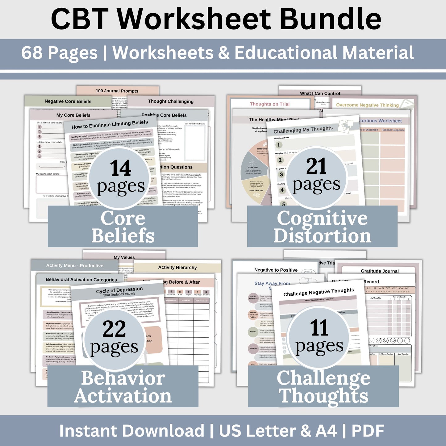 Therapy Bundle CBT worksheets, tailored for individuals, including clinicians, personal users, teachers, and school counselors. This comprehensive compilation provides a plethora of resources to enhance your mental health and overall well-being.