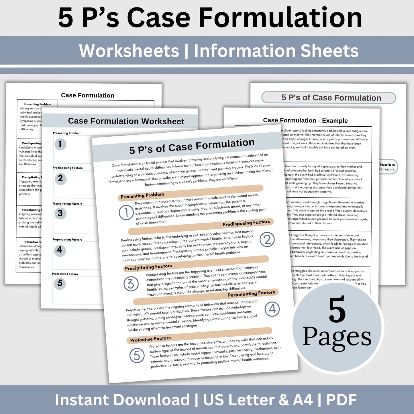 Our Case Formulation Information and Worksheets are here to empower you with the 5 Ps framework – a powerful tool for gaining deeper insights into your clients mental health concerns.