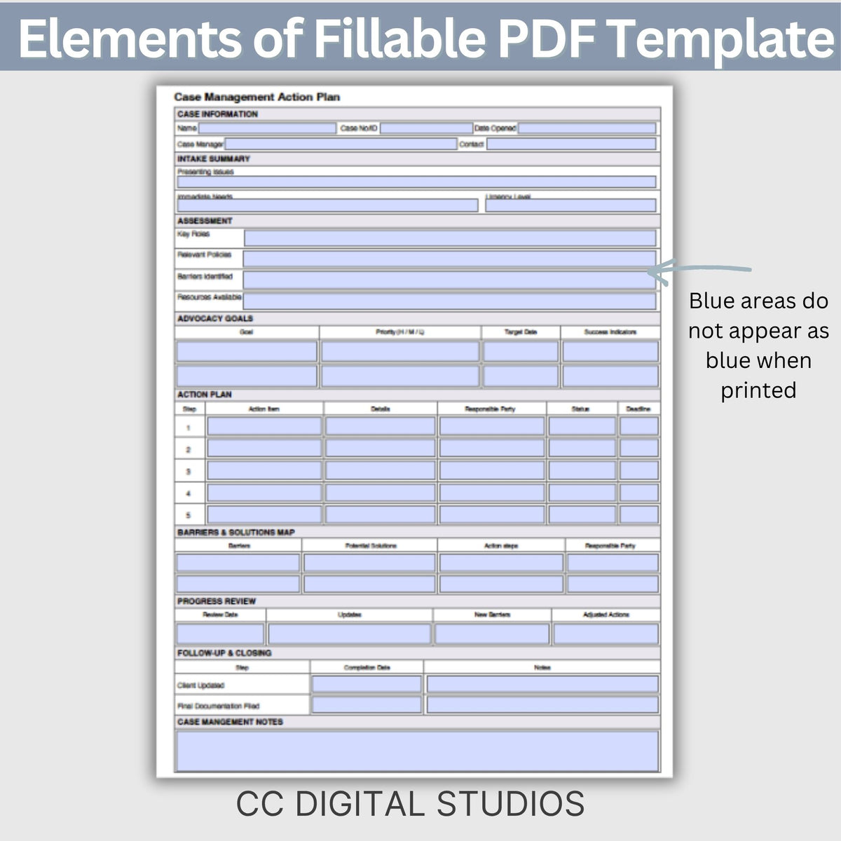 Case Management Action Plan, Fillable PDF, Social Work Forms