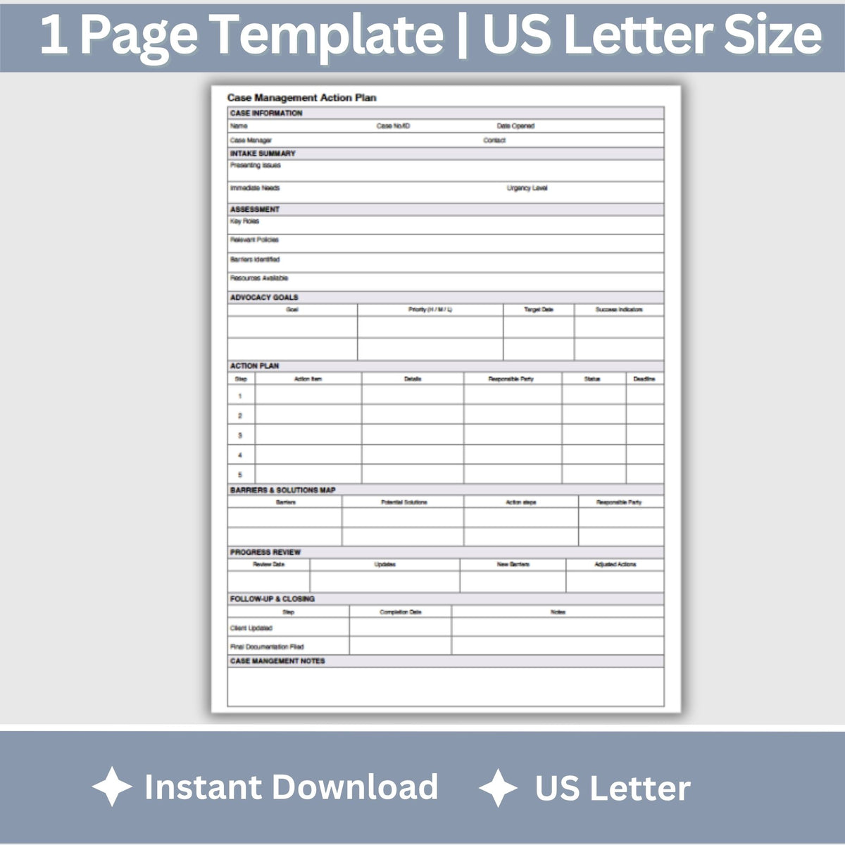 Case Management Action Plan, Fillable PDF, Social Work Forms
