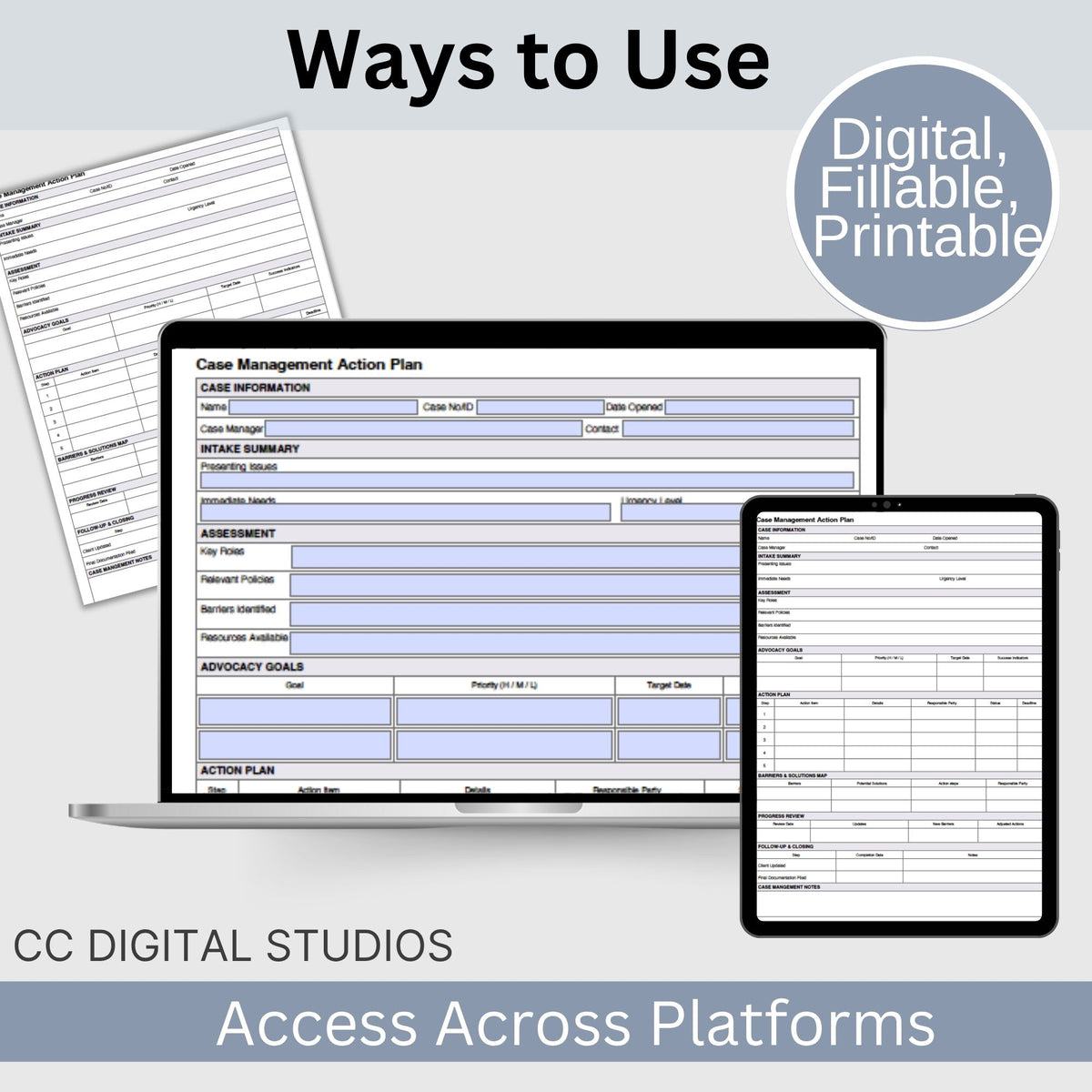 Case Management Action Plan, Fillable PDF, Social Work Forms