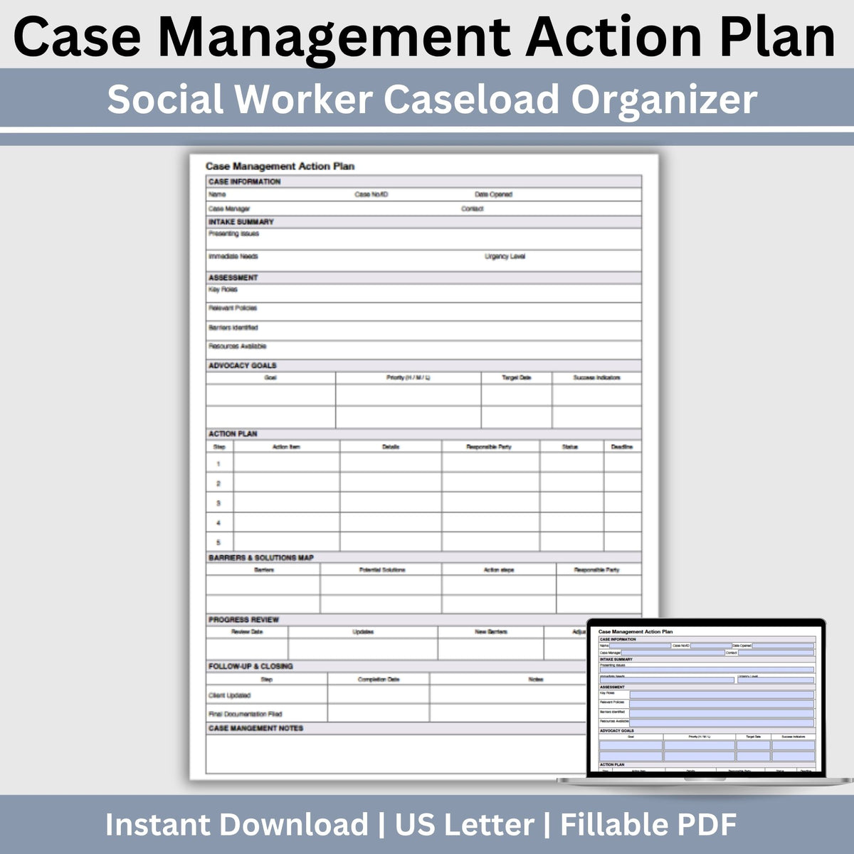 Case Management Action Plan, Fillable PDF, Social Work Forms