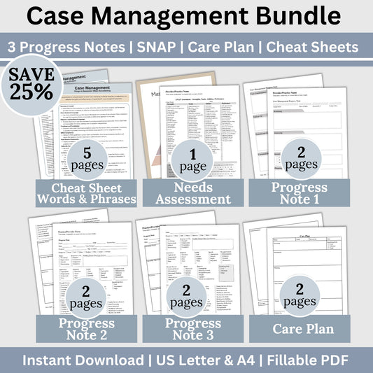 SAVE 25% with our Case Manager Bundle! 3 styles of case management progress notes, case management desktop reference cheat sheet of words and phrases, needs assessment with free Maslows Hierarchy of Needs Poster and care plan template.