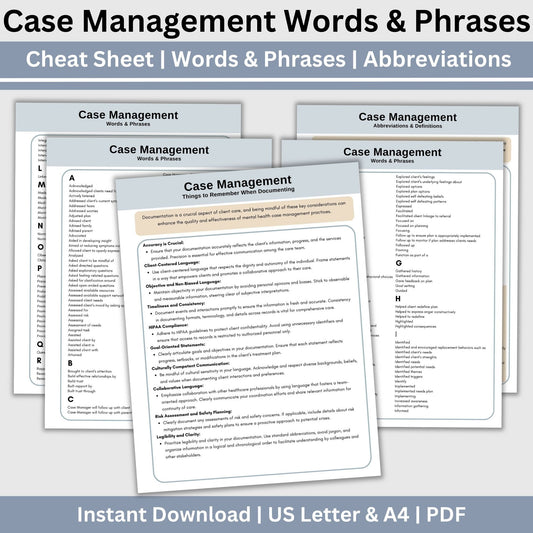 Case Management Cheat Sheets. Progress notes quicker to complete with words and phrases that can be copied and pasted right into case manager notes. Reference sheet perfect for school social worker, school counselor, therapist, students and more.