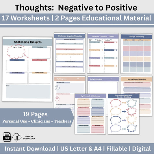 CBT Therapy Worksheets Challenge Negative Thoughts, Cognitive Distortions Thought Journal, Mental Health Workbook