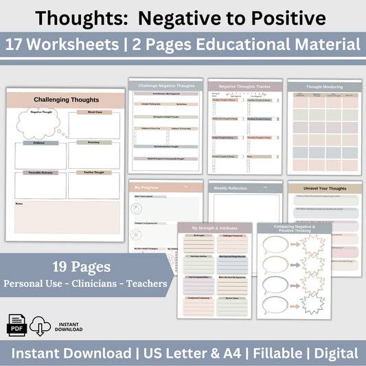 CBT Therapy Worksheets – a comprehensive tool for turning negative thoughts into positive thoughts. This mental health workbook merges psychotherapy and cognitive behavior techniques, addressing cognitive distortions.