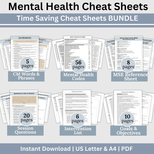 SAVE 20% with our mental health therapy cheat sheets bundle!  Shops best seller therapy tools to help you feel prepared for your sessions.  Have the tools in place to make your documentation easier!