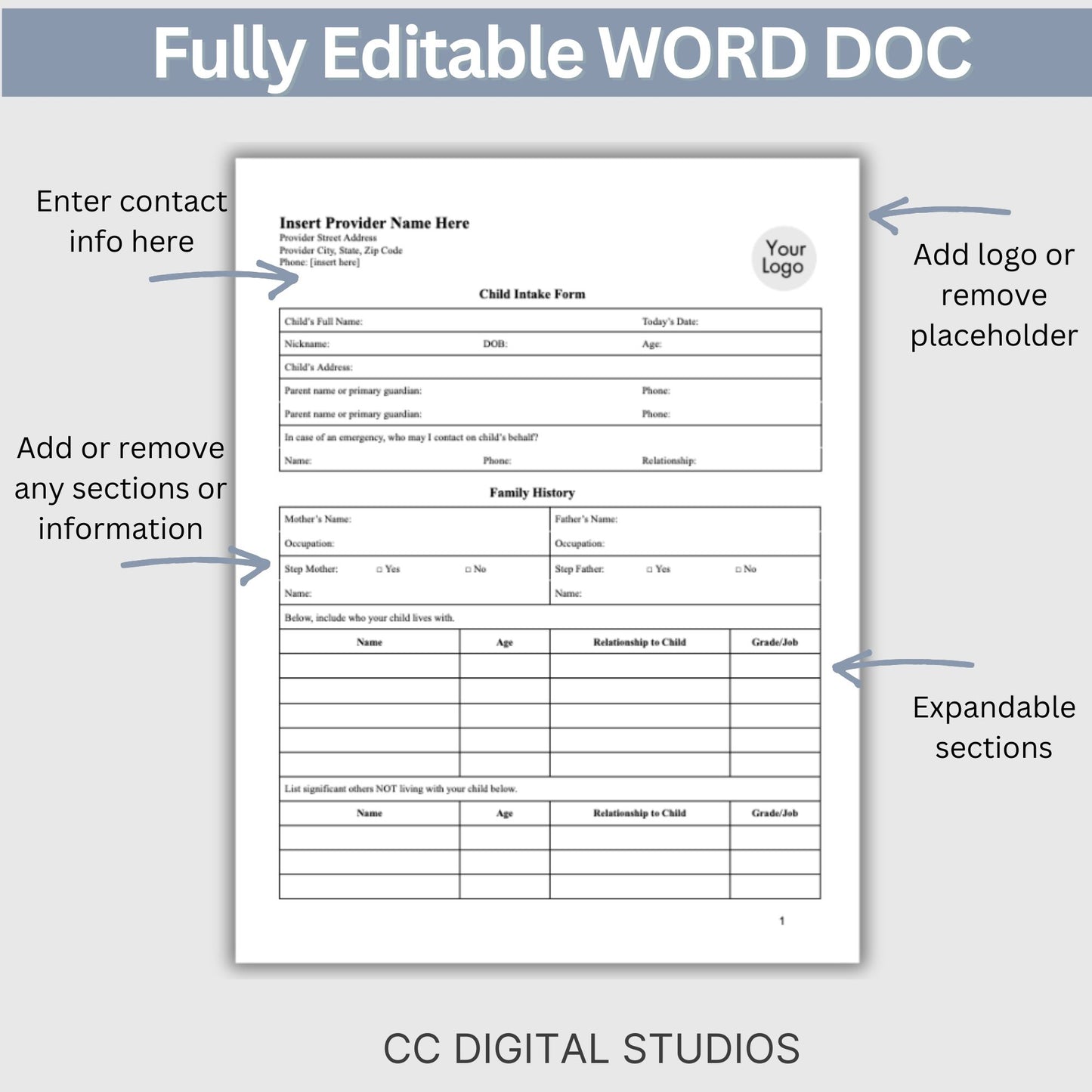 Child Intake Form for Mental Health Office WORD Doc