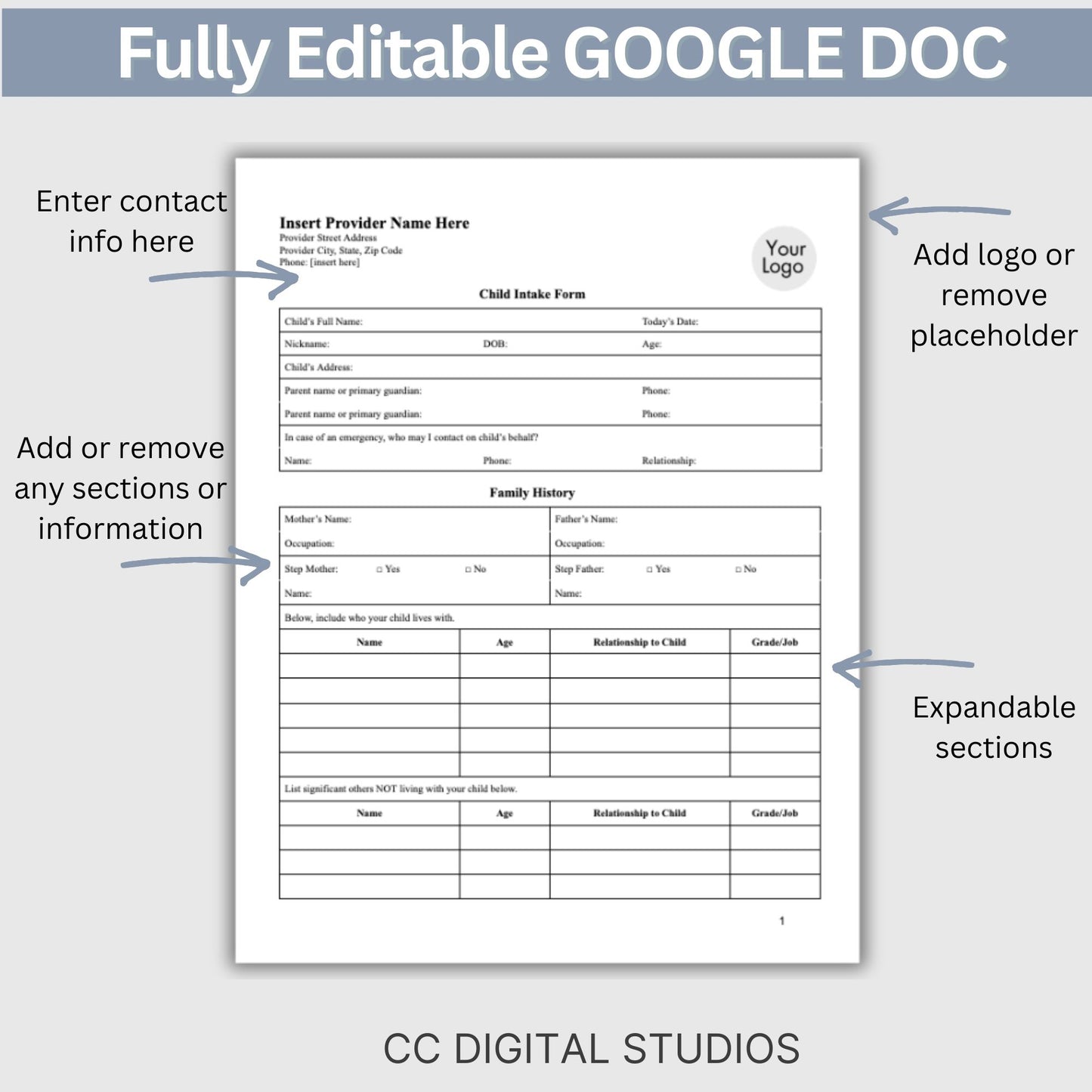 Child Intake Form for Mental Health Office Google Doc