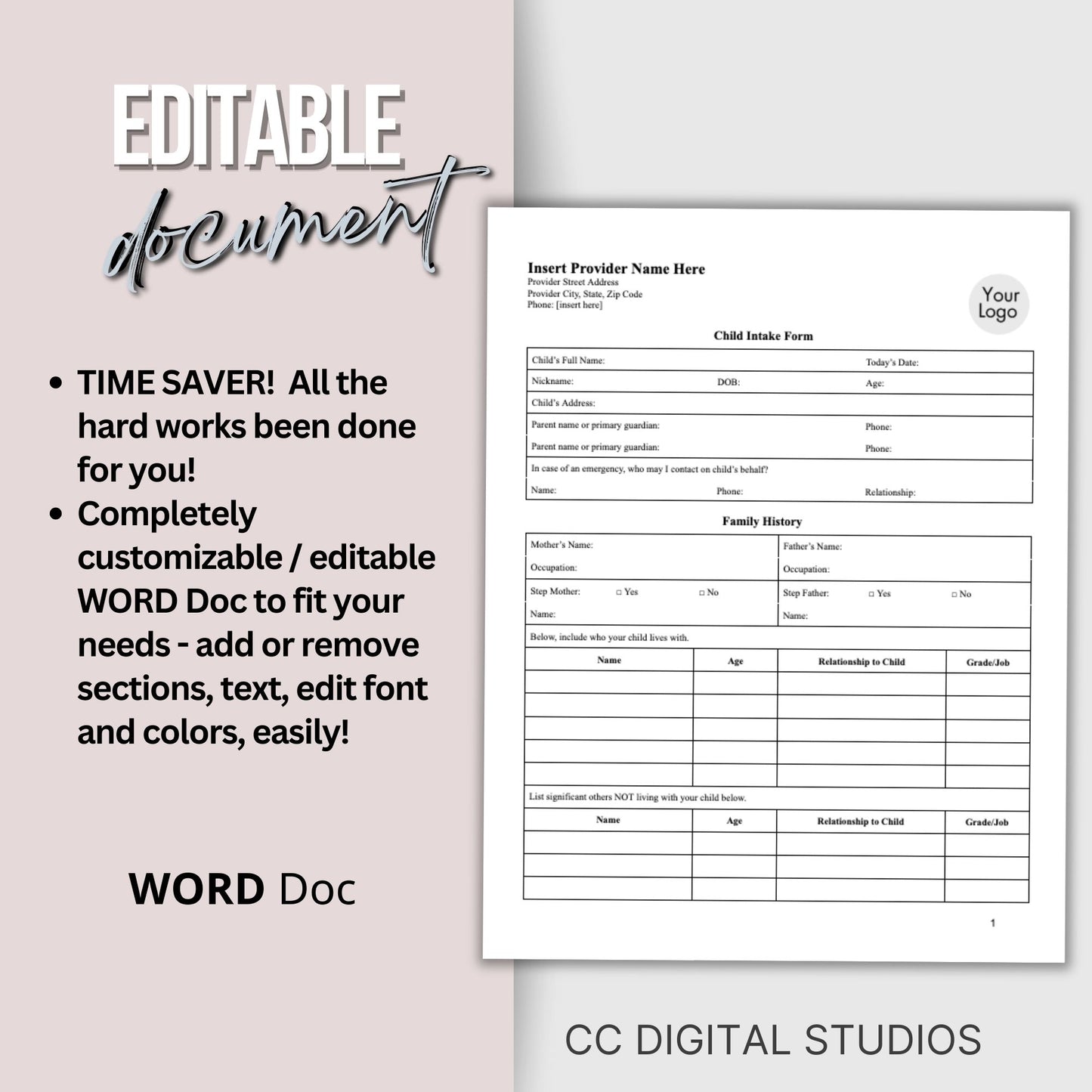 Child Intake Form for Mental Health Office WORD Doc