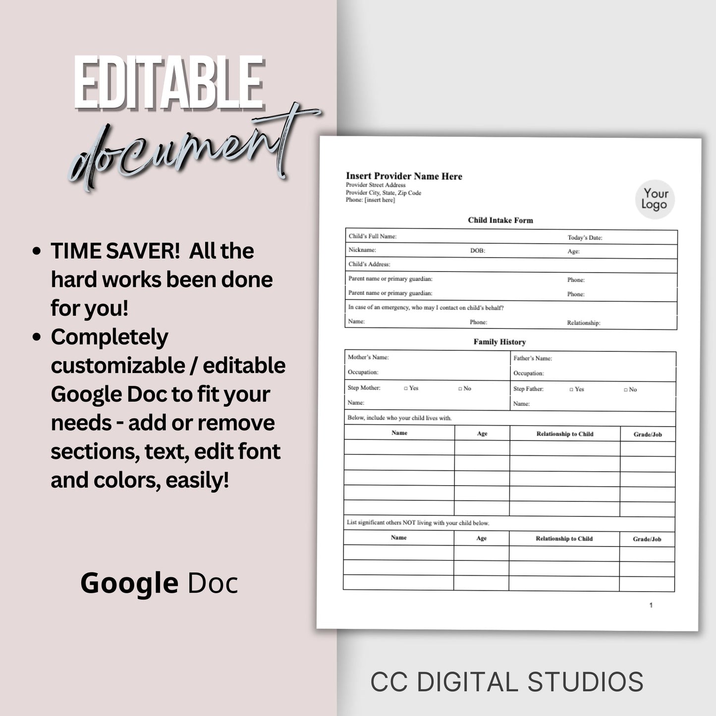 Child Intake Form for Mental Health Office Google Doc