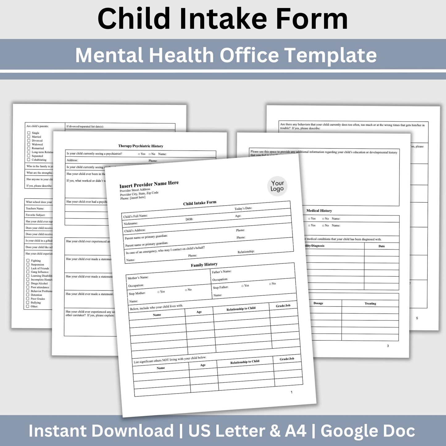 Child Intake Form for Mental Health Office Google Doc