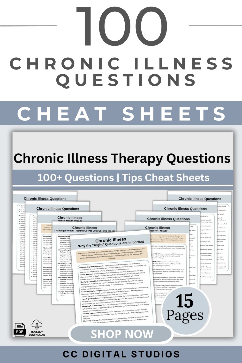 100 therapy questions & tips tailored for individuals facing chronic illness. This extensive resource serves as a conversation starter in your counseling office, fostering meaningful dialogues to comprehensively grasp your clients experiences.