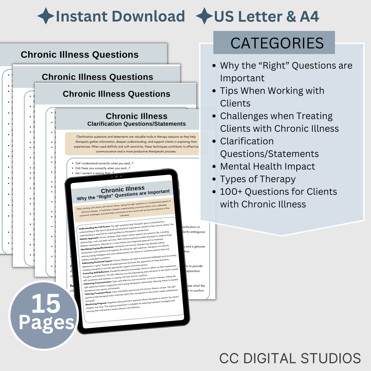 100 therapy questions & tips tailored for individuals facing chronic illness. This extensive resource serves as a conversation starter in your counseling office, fostering meaningful dialogues to comprehensively grasp your clients experiences.