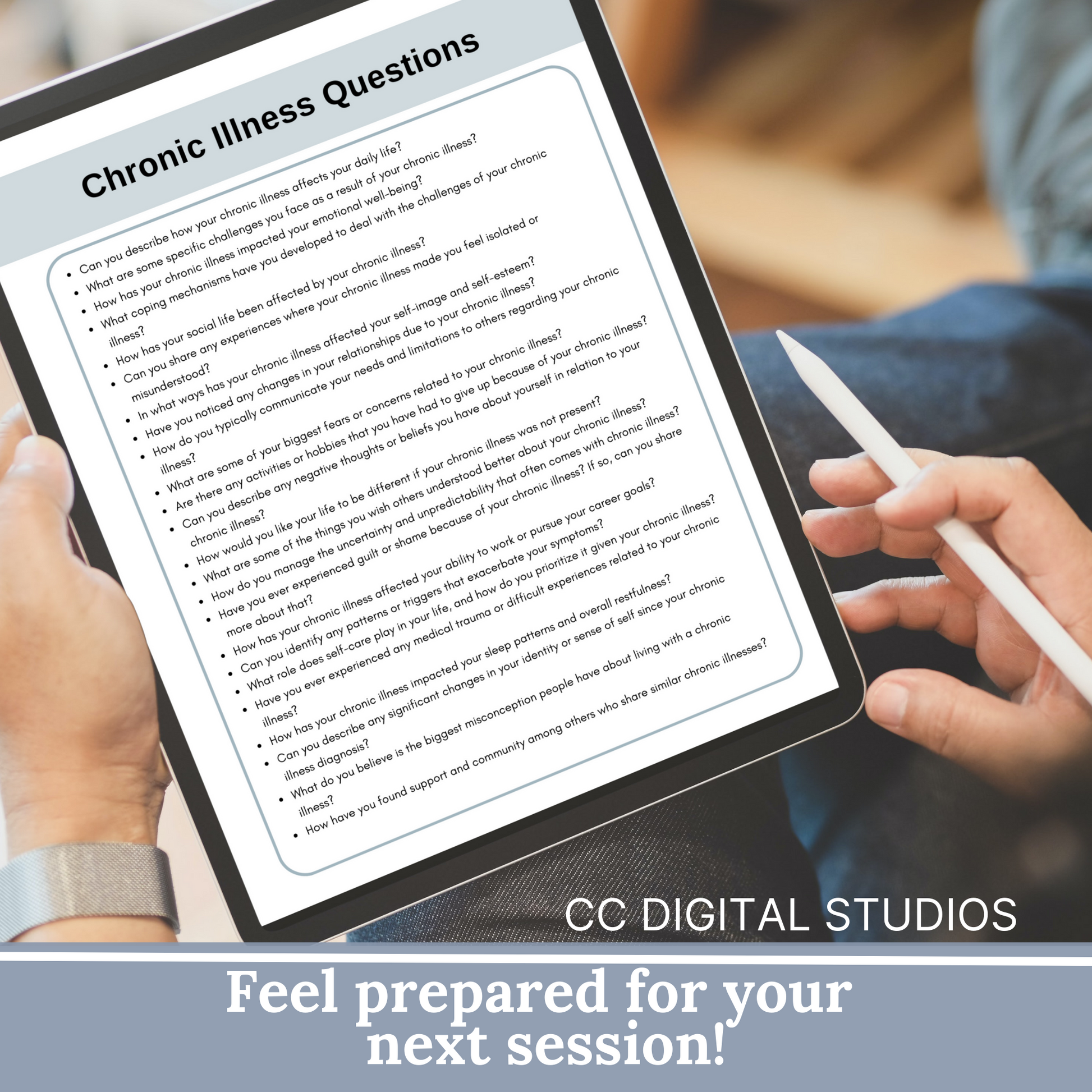 100 therapy questions & tips tailored for individuals facing chronic illness. This extensive resource serves as a conversation starter in your counseling office, fostering meaningful dialogues to comprehensively grasp your clients experiences.