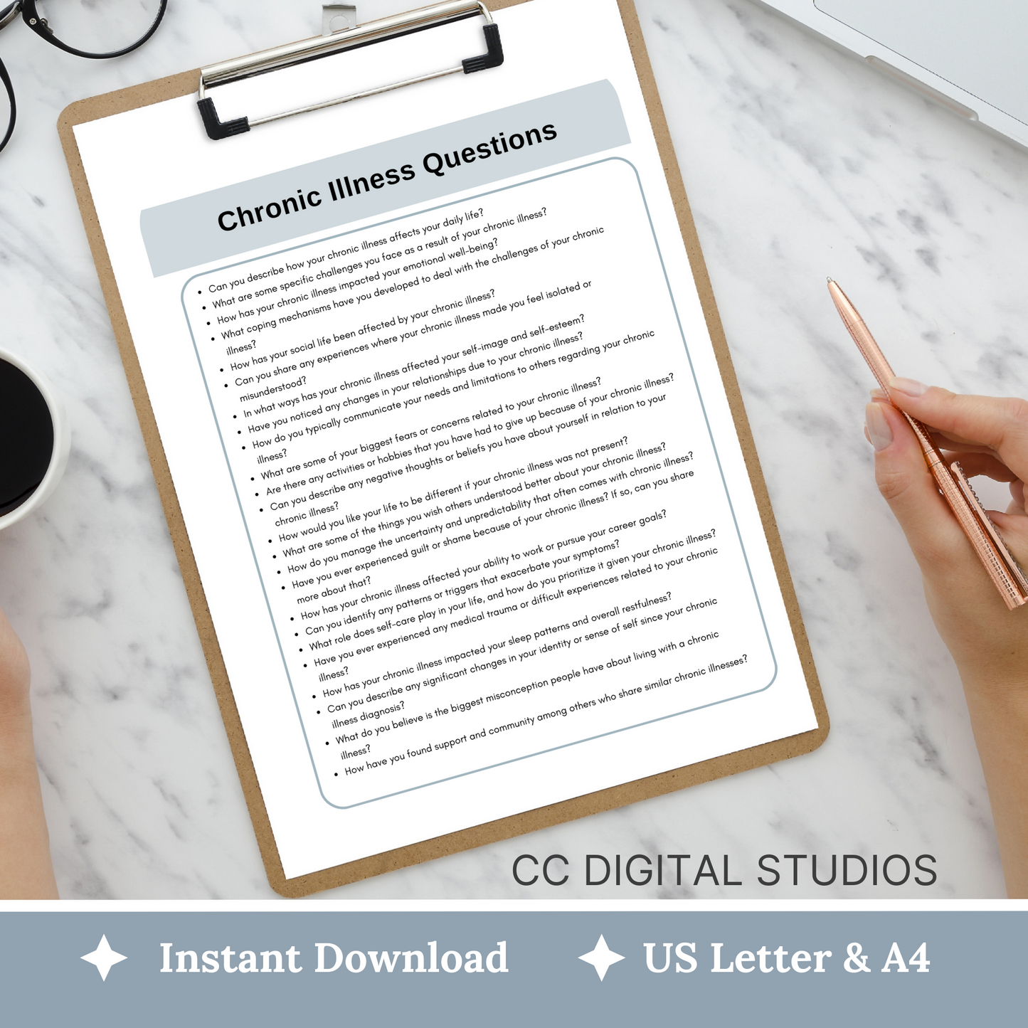 100 therapy questions & tips tailored for individuals facing chronic illness. This extensive resource serves as a conversation starter in your counseling office, fostering meaningful dialogues to comprehensively grasp your clients experiences.