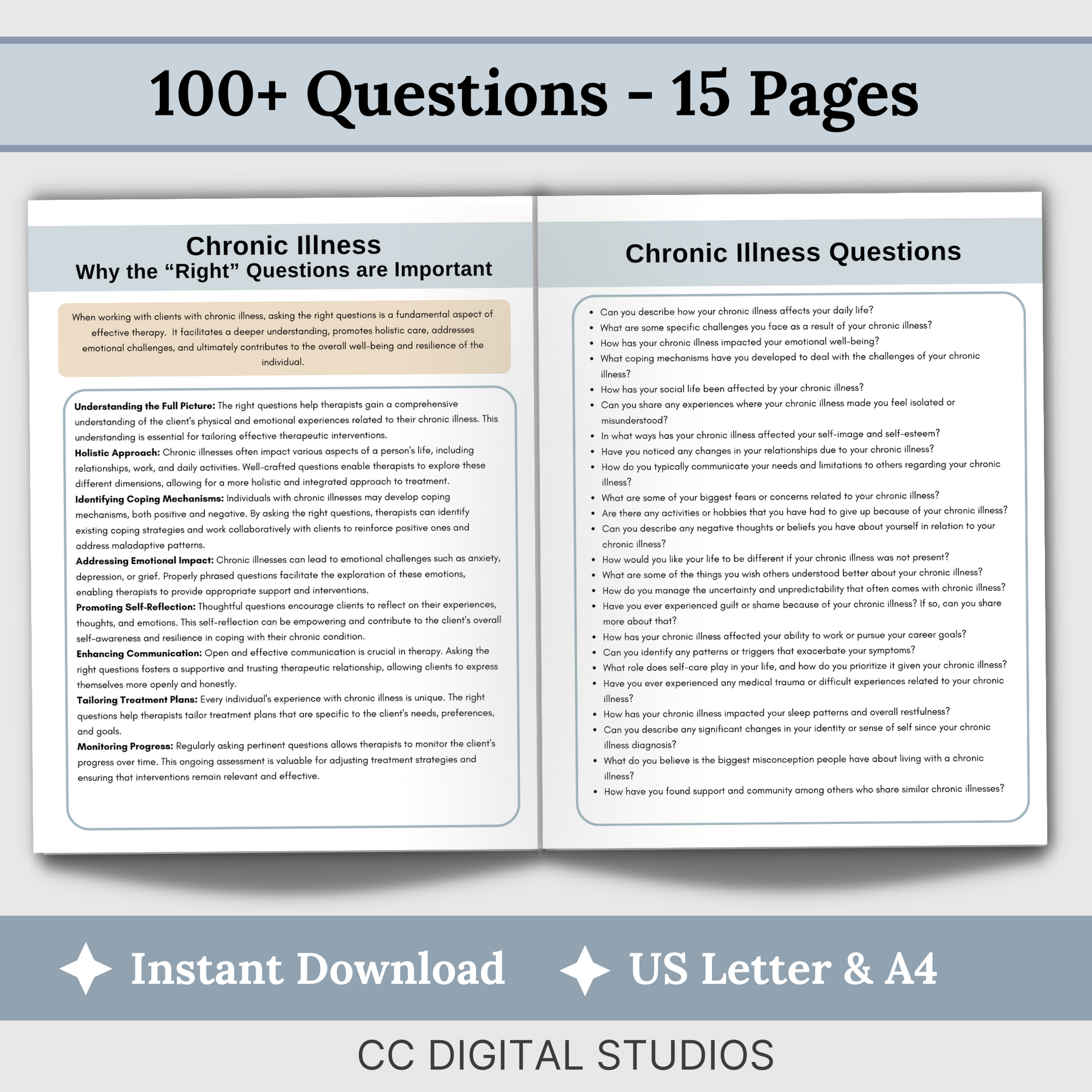 100 therapy questions & tips tailored for individuals facing chronic illness. This extensive resource serves as a conversation starter in your counseling office, fostering meaningful dialogues to comprehensively grasp your clients experiences.