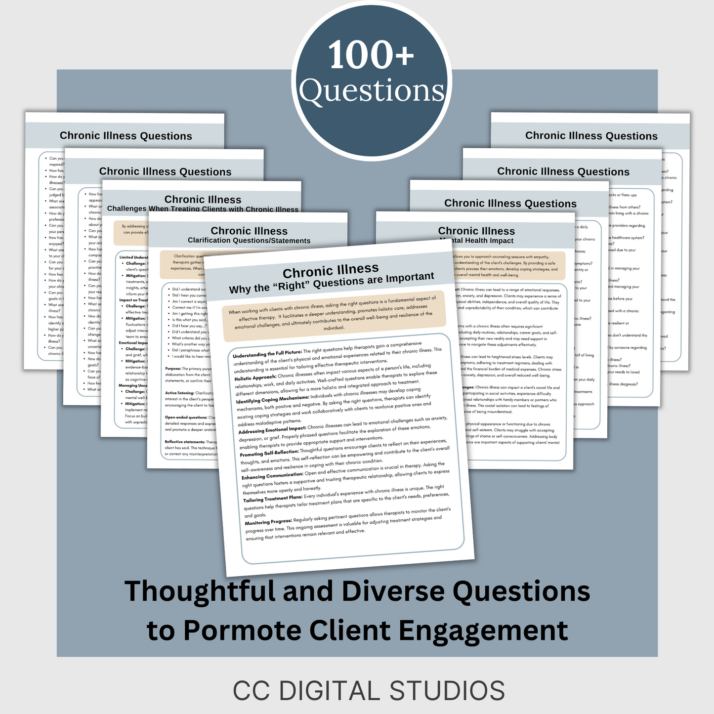 100 therapy questions & tips tailored for individuals facing chronic illness. This extensive resource serves as a conversation starter in your counseling office, fostering meaningful dialogues to comprehensively grasp your clients experiences.