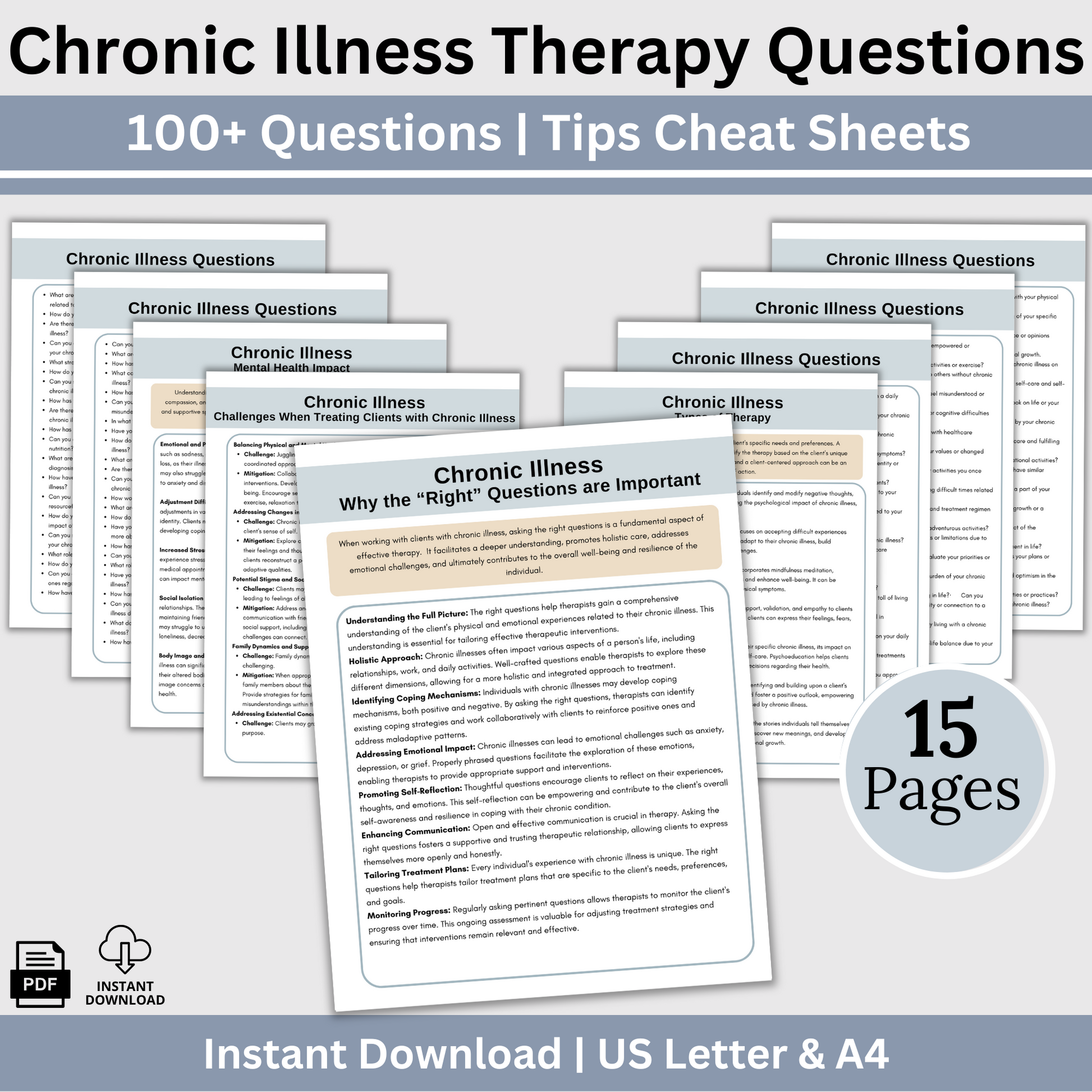 100 therapy questions & tips tailored for individuals facing chronic illness. This extensive resource serves as a conversation starter in your counseling office, fostering meaningful dialogues to comprehensively grasp your clients experiences.